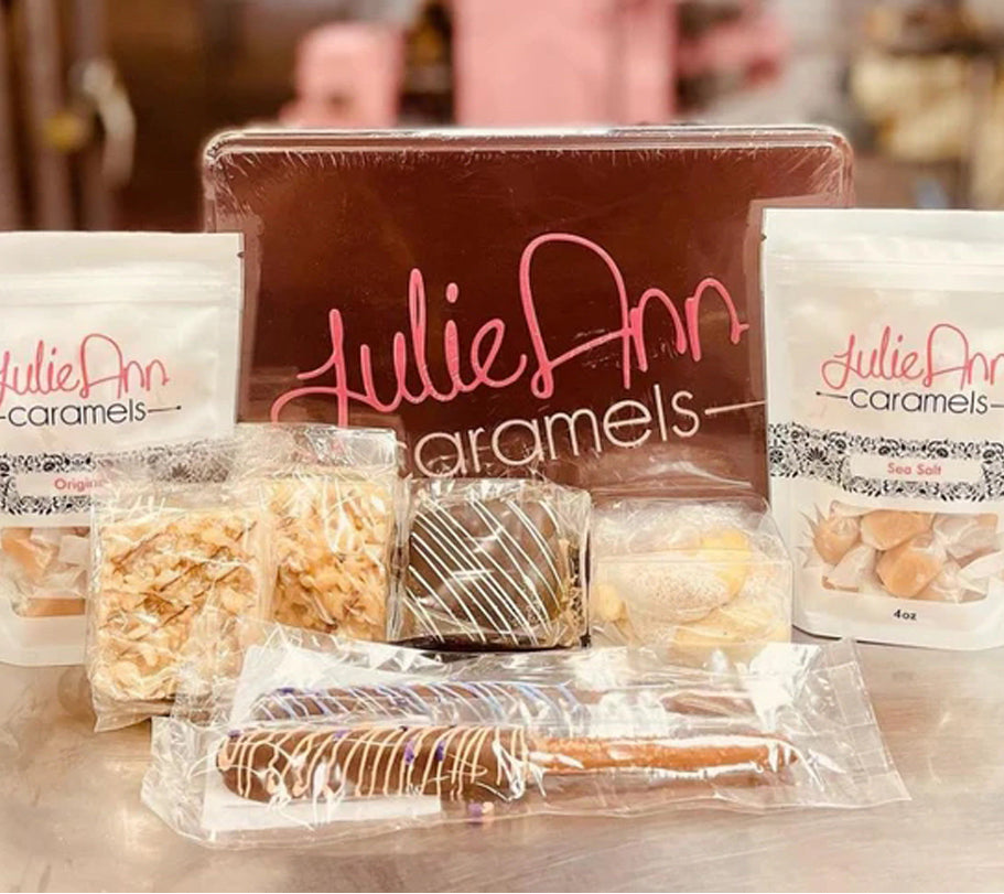 A JulieAnn Caramels gift box with treats